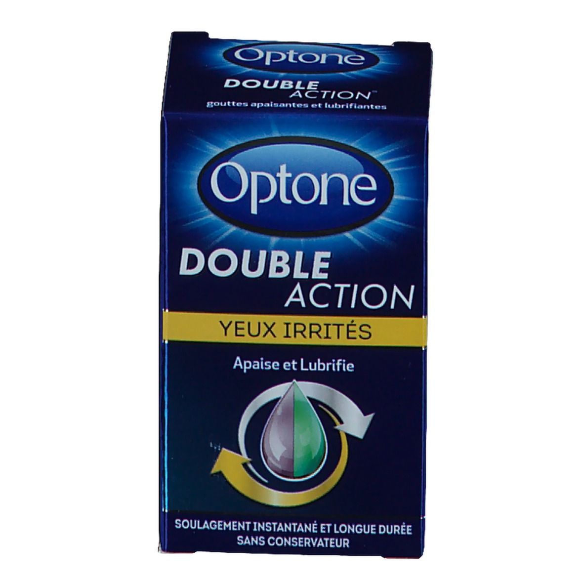 Boîte en carton pour gouttes oculaires. Inscription: Optone Double Action, yeux irrités. Graphique gouttes et flèches.