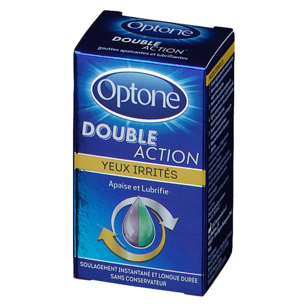 Boîte en carton pour gouttes oculaires. Inscription: Optone Double Action, yeux irrités. Graphique gouttes et flèches.