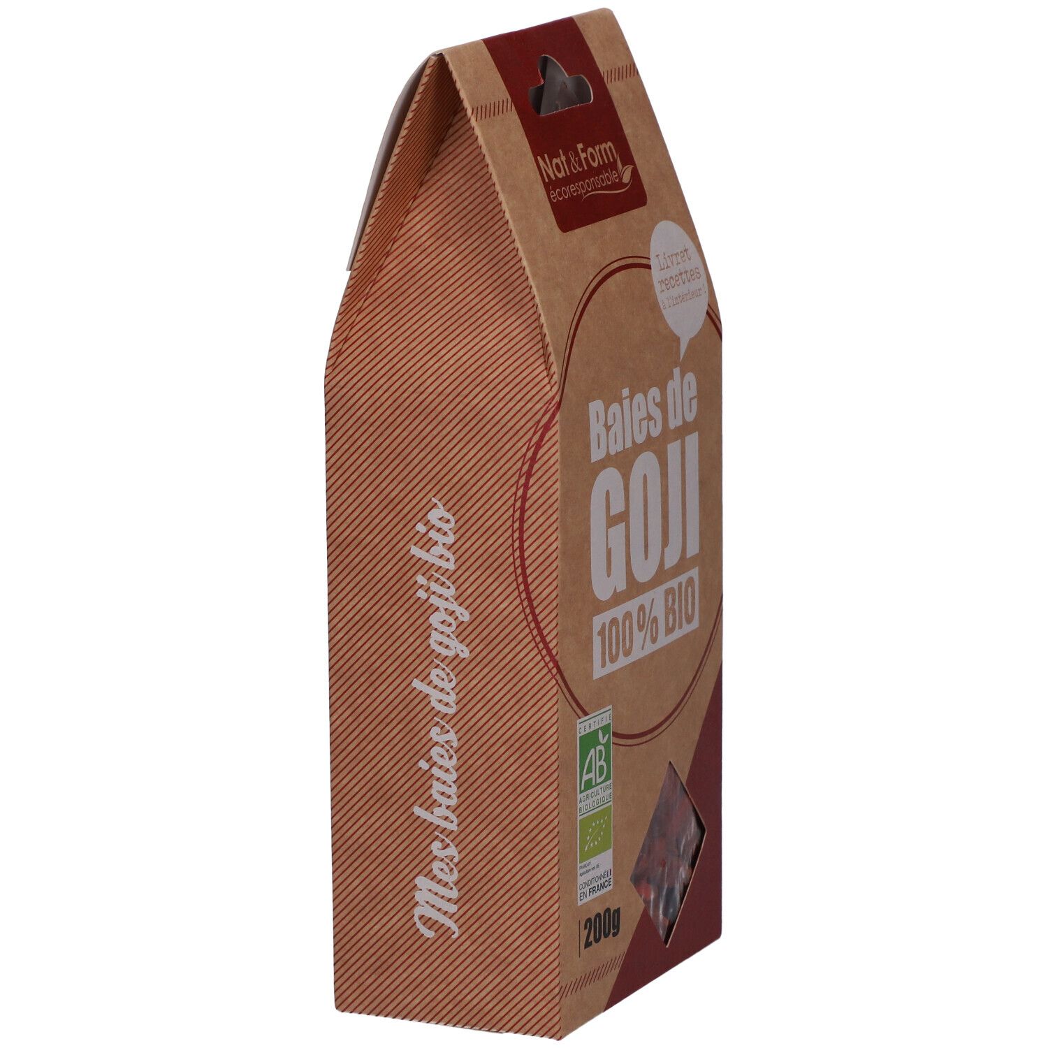 Sachet de baies de Goji, marron. Inscription : GOJI 100% BIO. Label AB Bio. Fenêtre avec baies.