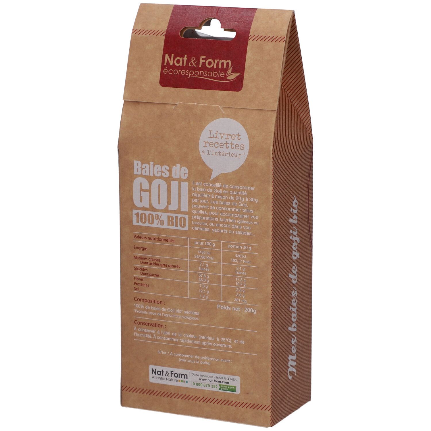 Sachet de baies de Goji, dos. Inscription : GOJI 100% BIO. Label AB Bio. Informations nutritionnelles. 200g.