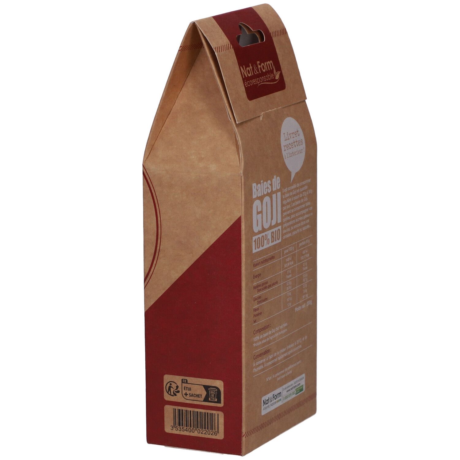 Sachet de baies de Goji, côté. Inscription : GOJI 100% BIO. Label AB Bio. 200g. Informations.