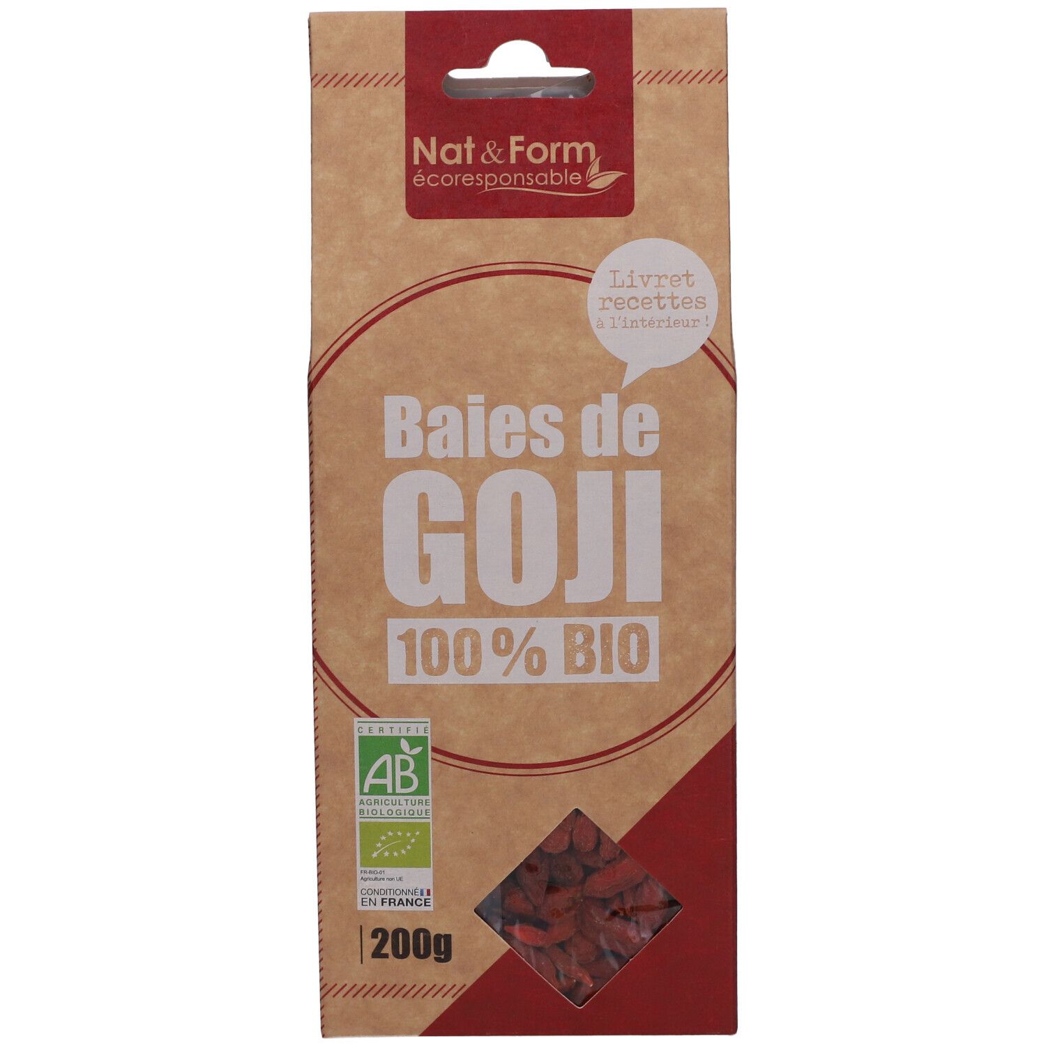 Sachet de baies de Goji. Inscription : GOJI 100% BIO. Label AB Bio. Fenêtre avec baies. 200g.