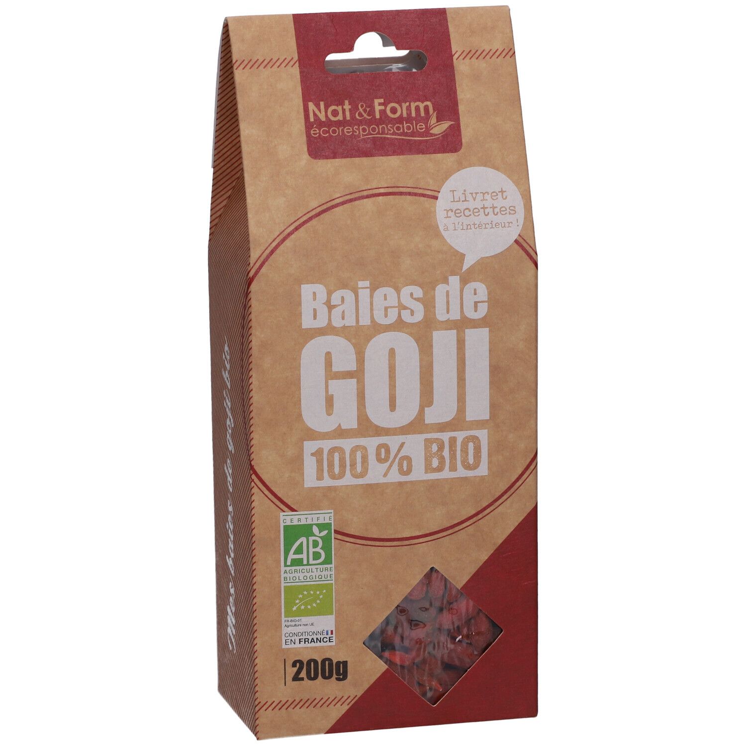 Sachet de baies de Goji. Inscription : GOJI 100% BIO. Label AB Bio. Fenêtre avec baies. 200g.