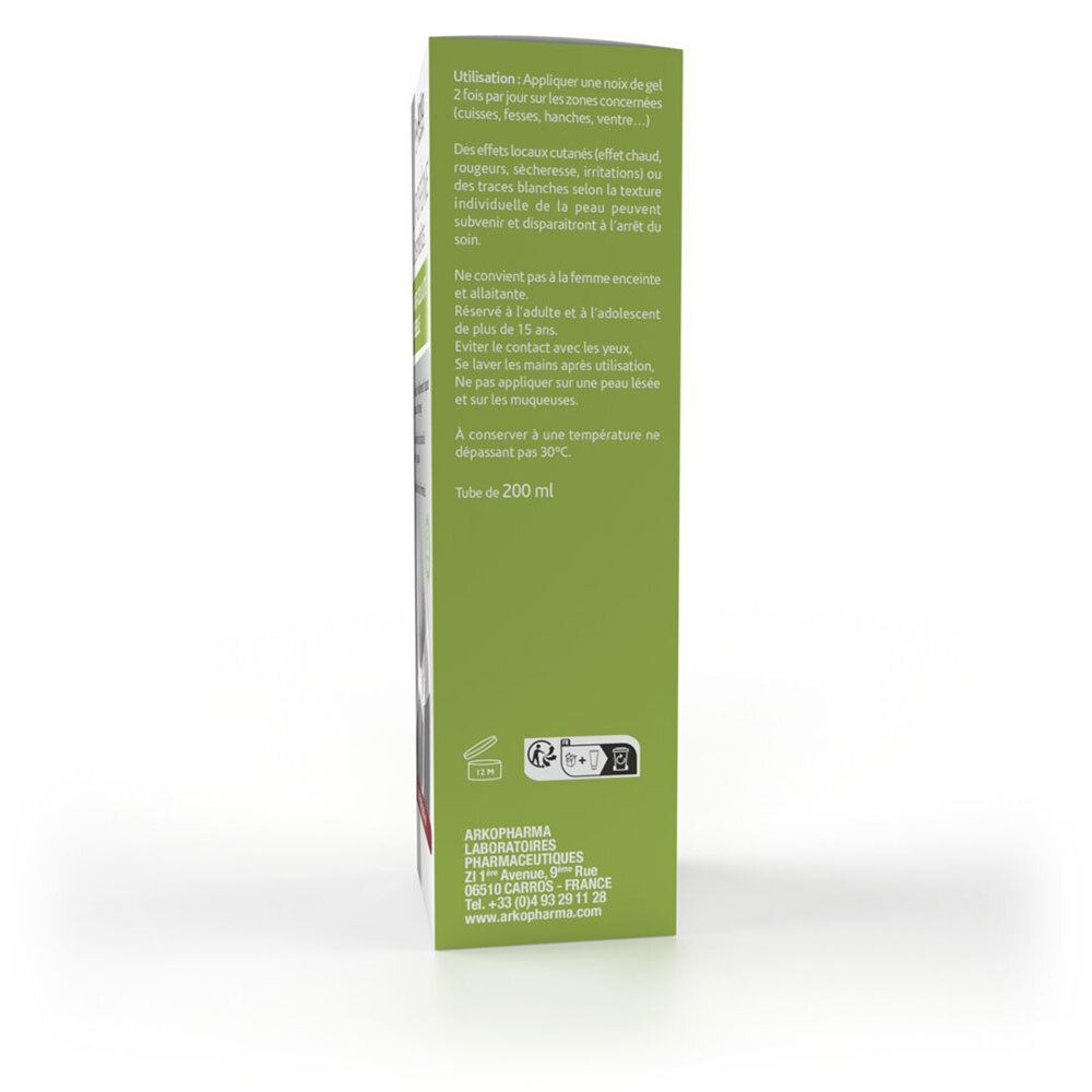 Dos de la boîte Lipoféine Cosmetics Anti-Cellulite Rebelle. Surface verte avec texte et logos.