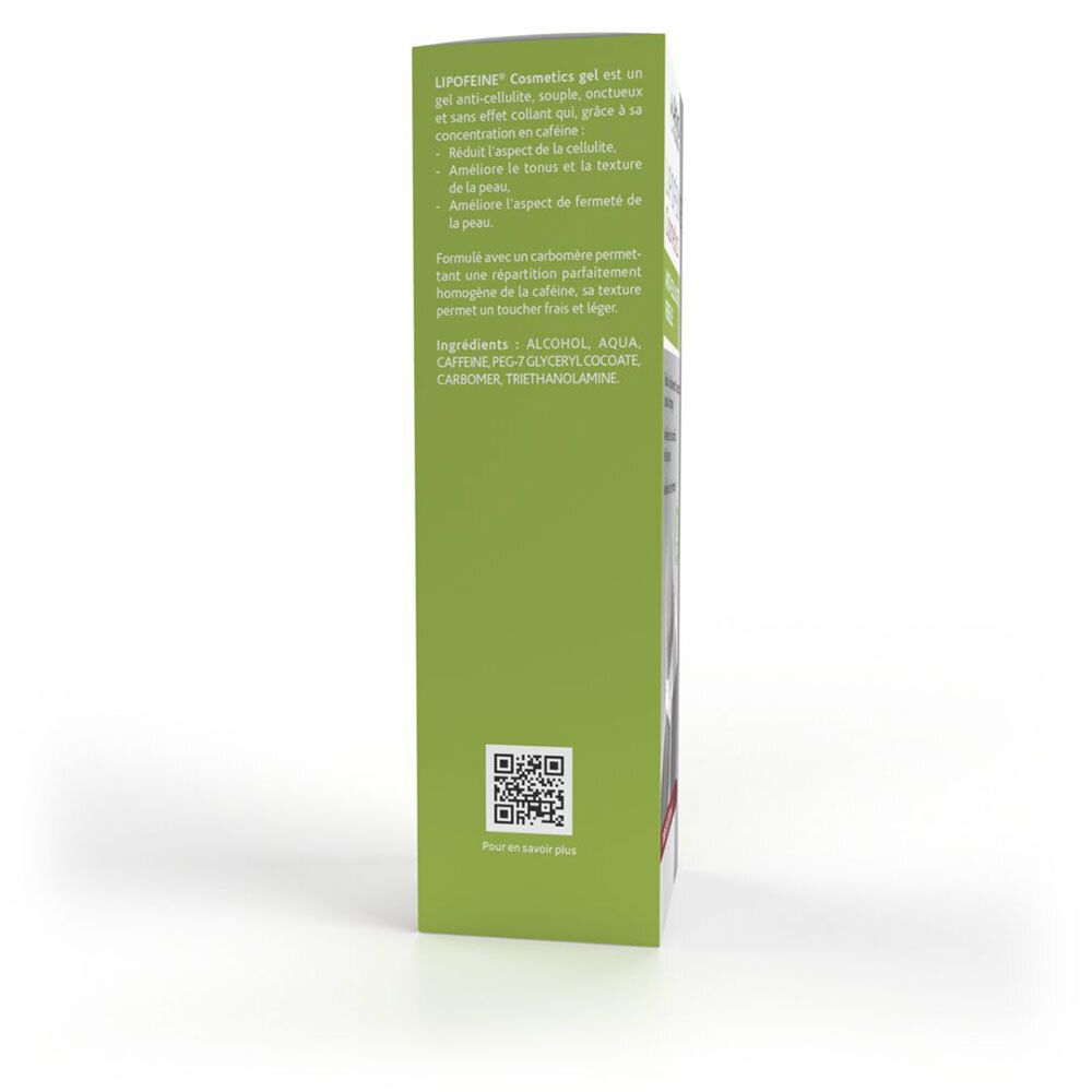 Côté de la boîte Lipoféine Cosmetics Anti-Cellulite Rebelle. Surface verte avec texte et code QR.