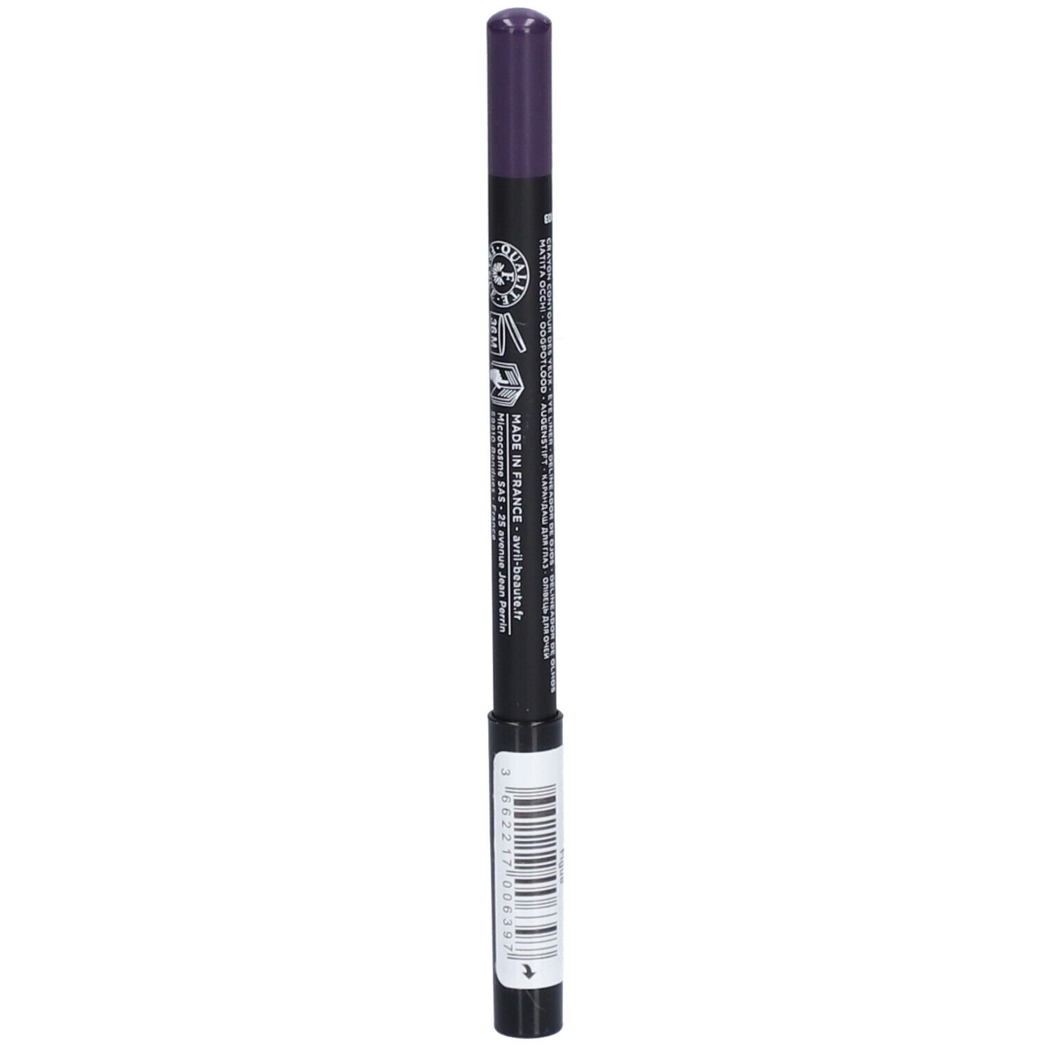 Augenstift, dunkelviolett. Aufschrift: Le Crayon Yeux, Certifié Bio, Avril. Schwarzer Stift mit lila Spitze. Text und Logos.