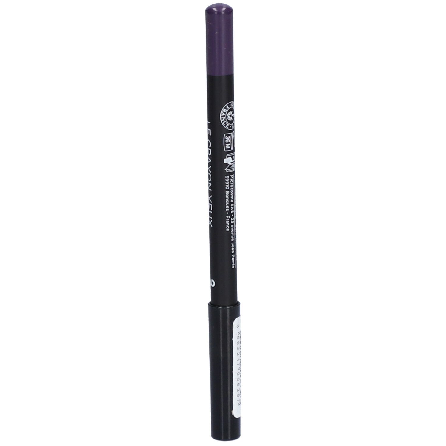 Augenstift, dunkelviolett. Aufschrift: Le Crayon Yeux, Certifié Bio, Avril. Schwarzer Stift mit lila Spitze. Text und Logos.