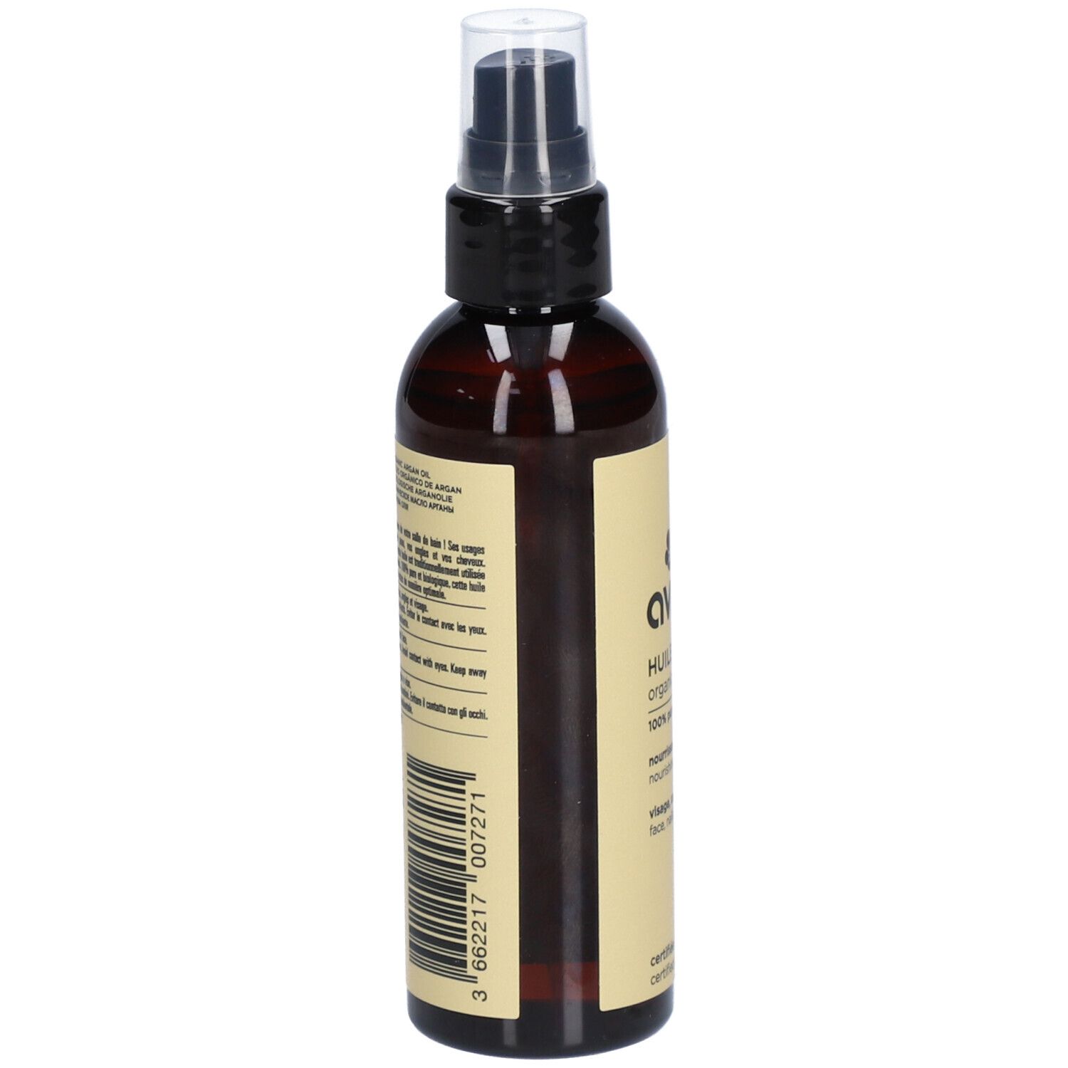 Braune Flasche mit Zerstäuber. Aufdruck mit Produktinformationen und Barcode. Zertifiziertes Bio-Siegel.
