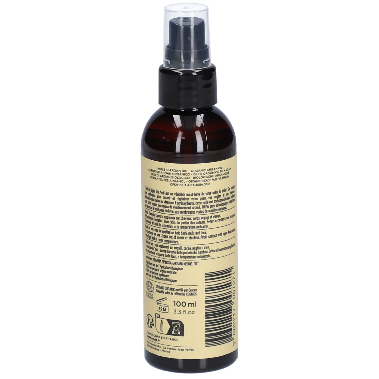 Braune Flasche mit Zerstäuber. Aufdruck mit Produktinformationen, Barcode und Volumenangabe: 100ml.