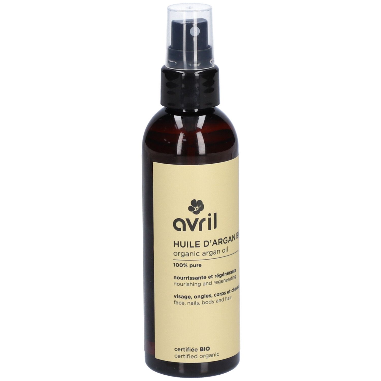 Braune Flasche mit Zerstäuber. Aufschrift: Avril, Huile d'Argan Bio, 100% pure. Zertifiziertes Bio-Siegel.