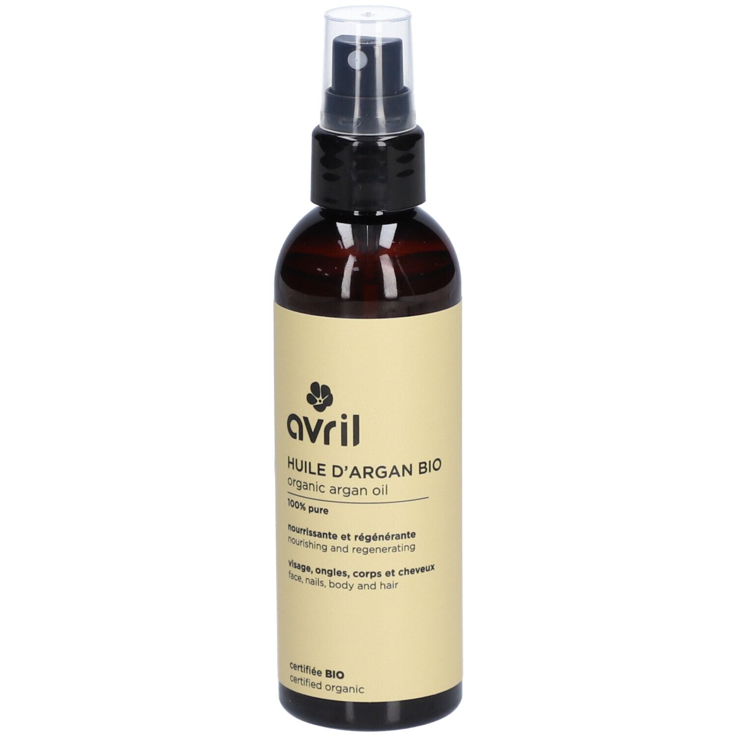 Braune Flasche mit Zerstäuber. Aufschrift: Avril, Huile d'Argan Bio, 100% pure. Zertifiziertes Bio-Siegel.