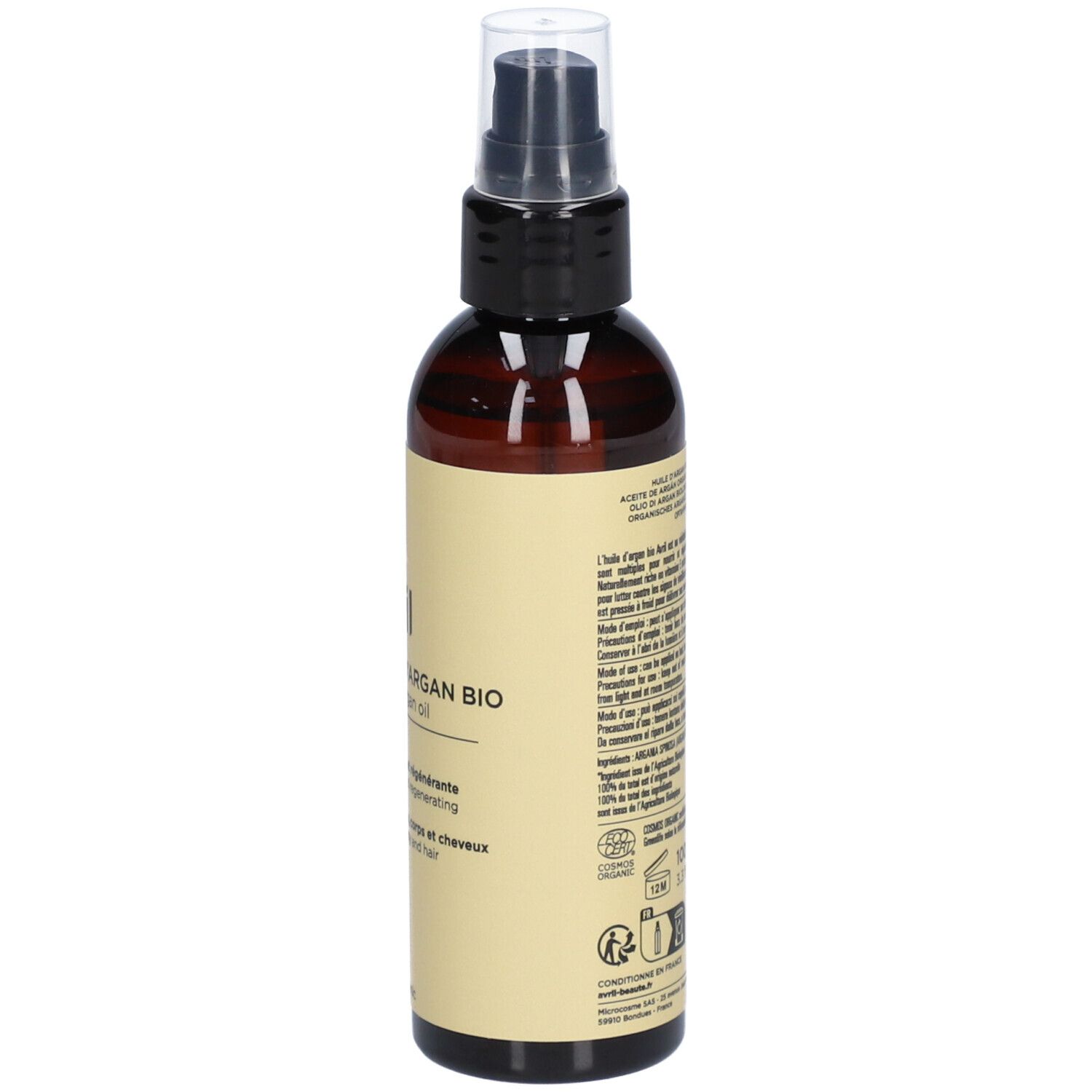 Braune Flasche mit Zerstäuber. Aufdruck mit Produktinformationen und Zertifizierungen. Bio-Siegel.