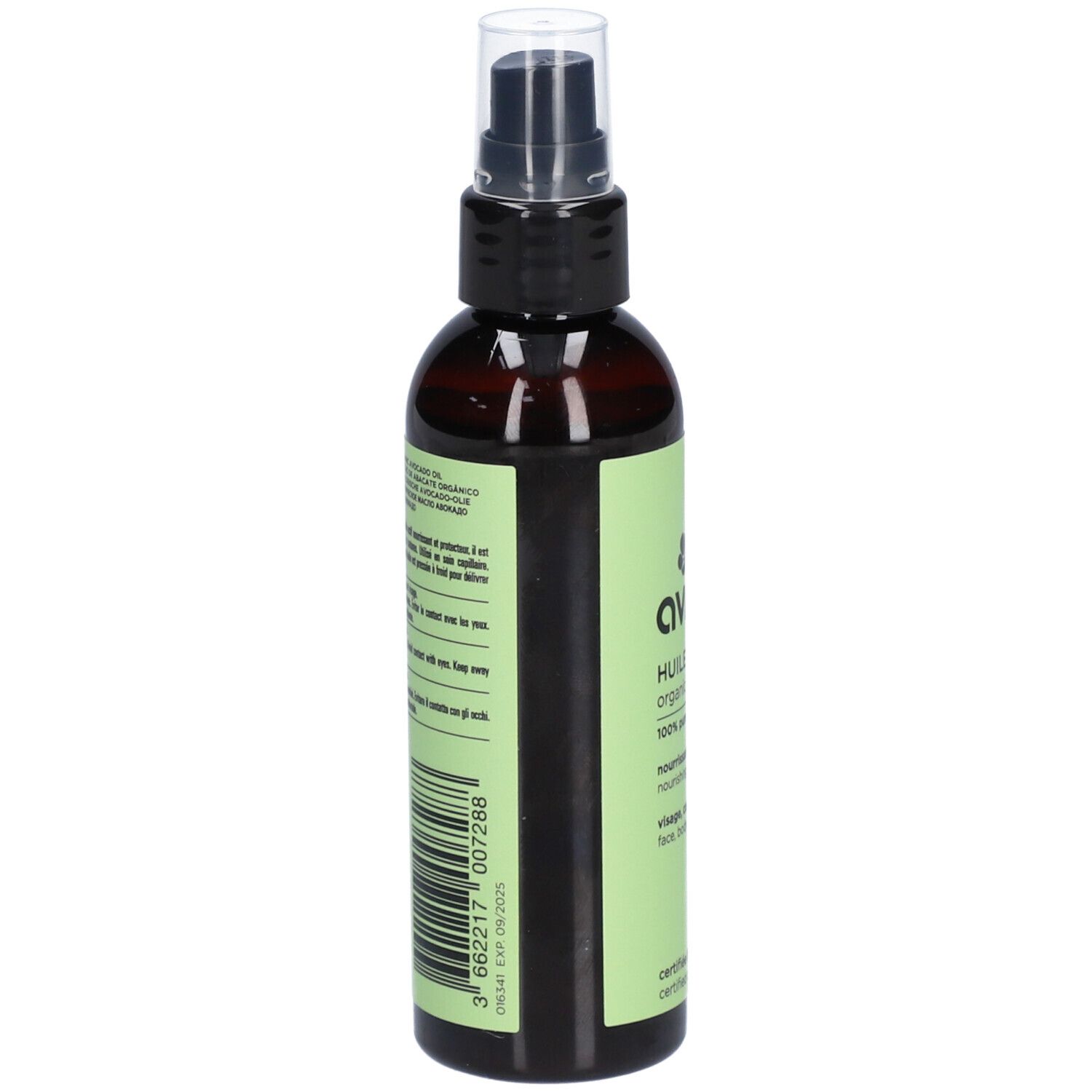 Flacon brun avec vaporisateur noir. Étiquette avec texte et code-barres. Informations produit sur fond vert.