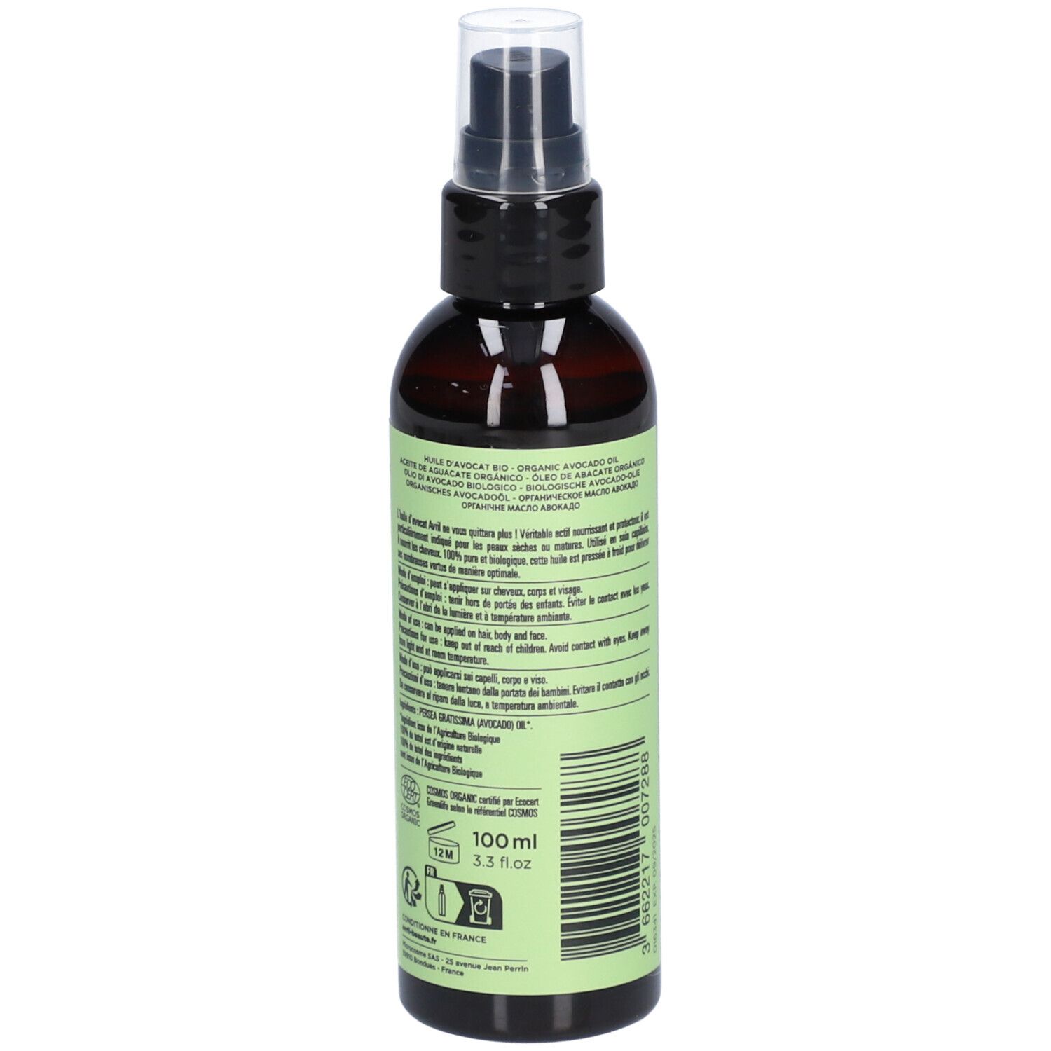 Flacon brun avec vaporisateur noir. Étiquette avec texte. Informations produit, ingrédients et certifications.
