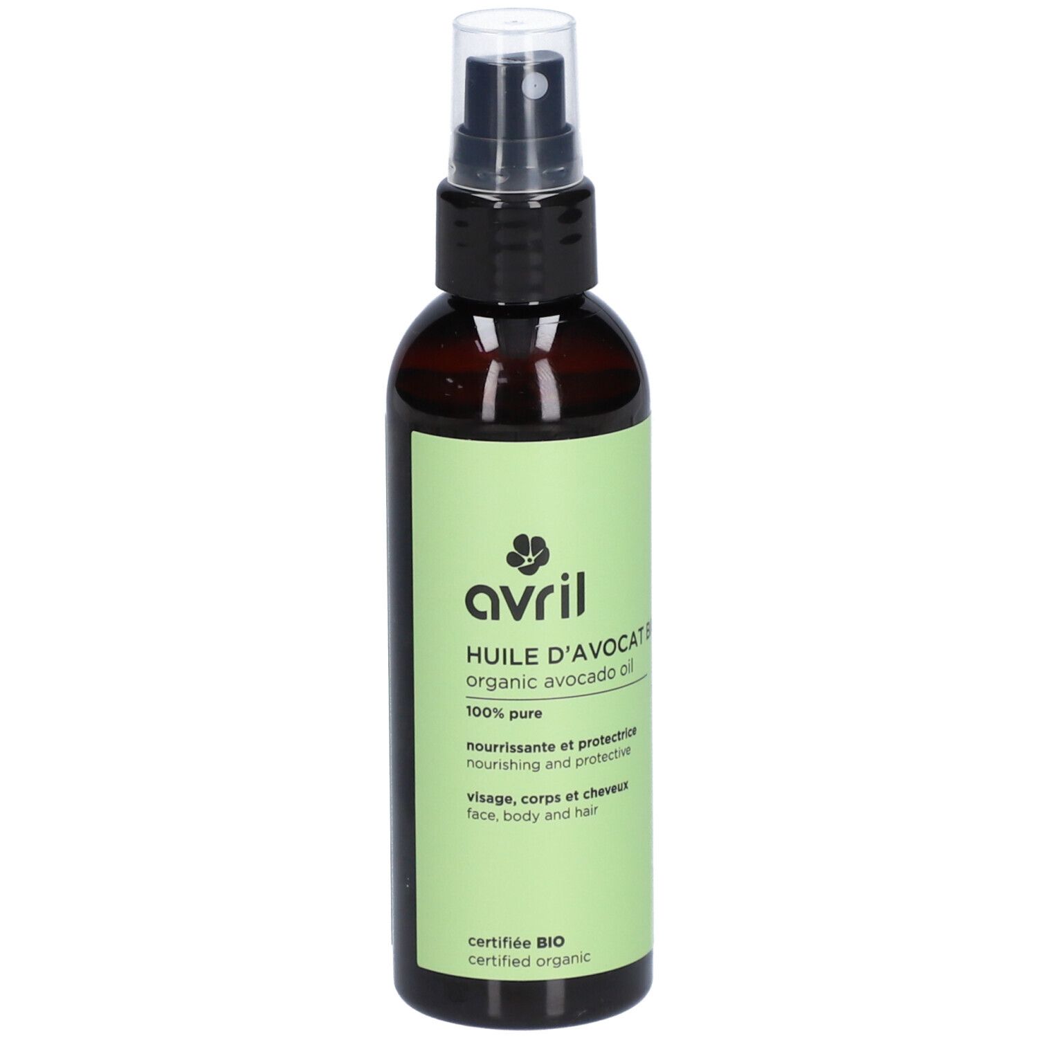 Flacon brun avec vaporisateur noir. Étiquette verte avec logo et texte: huile d'avocat bio, 100% pure.