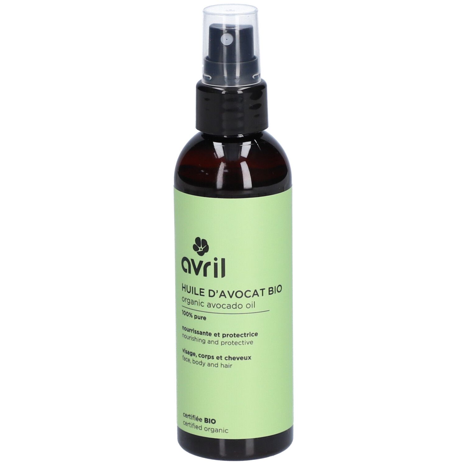 Flacon brun avec vaporisateur noir. Étiquette verte avec logo et texte: huile d'avocat bio, 100% pure. Certifié bio.