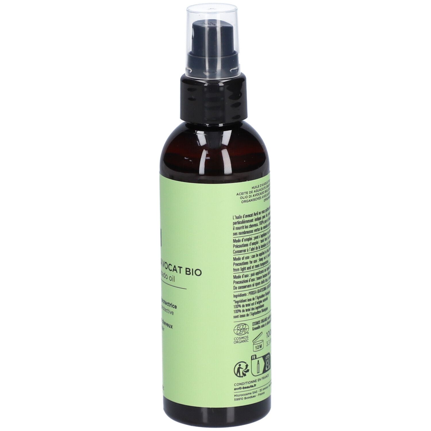 Flacon brun avec vaporisateur noir. Étiquette verte avec texte. Informations produit, ingrédients et certifications.
