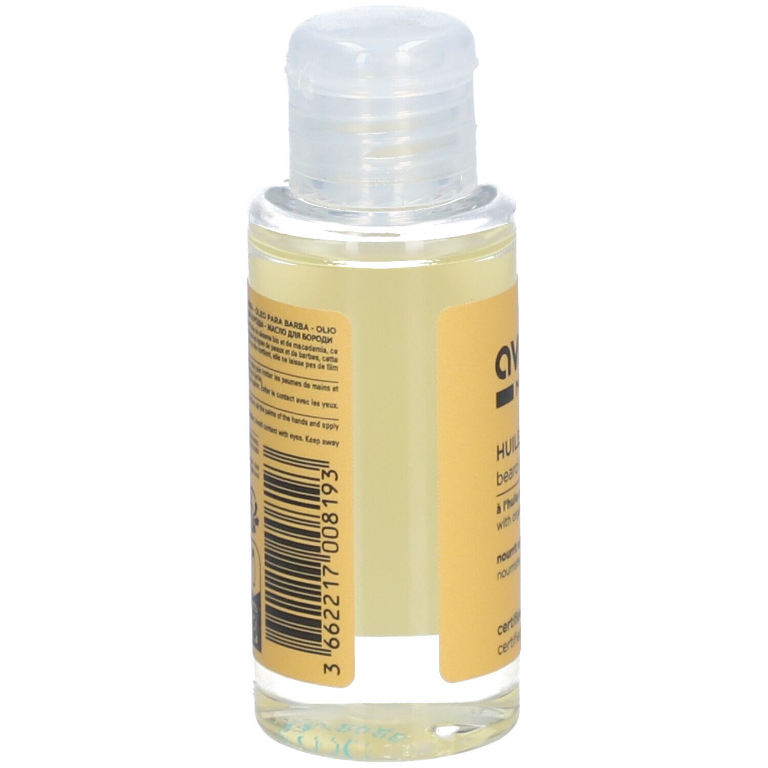 Rückansicht einer kleinen Flasche mit Klappverschluss. Aufkleber mit Text und Barcode. Enthält Öl. Etikett: avril MEN, Huile à barbe.