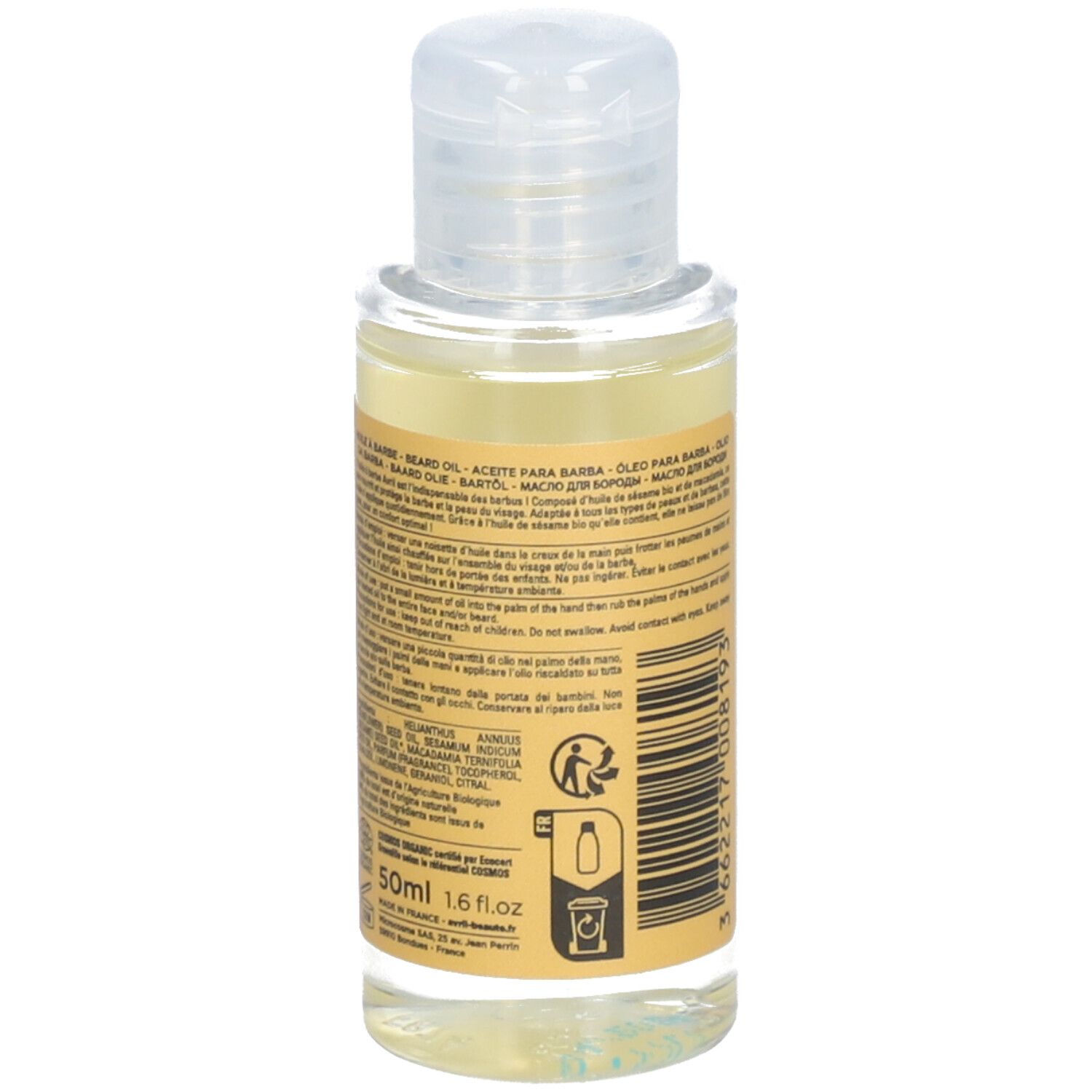 Kleine Flasche mit Klappverschluss. Etikett mit Text und Piktogrammen. Enthält Öl. Etikett: avril MEN, Huile à barbe, 50ml.