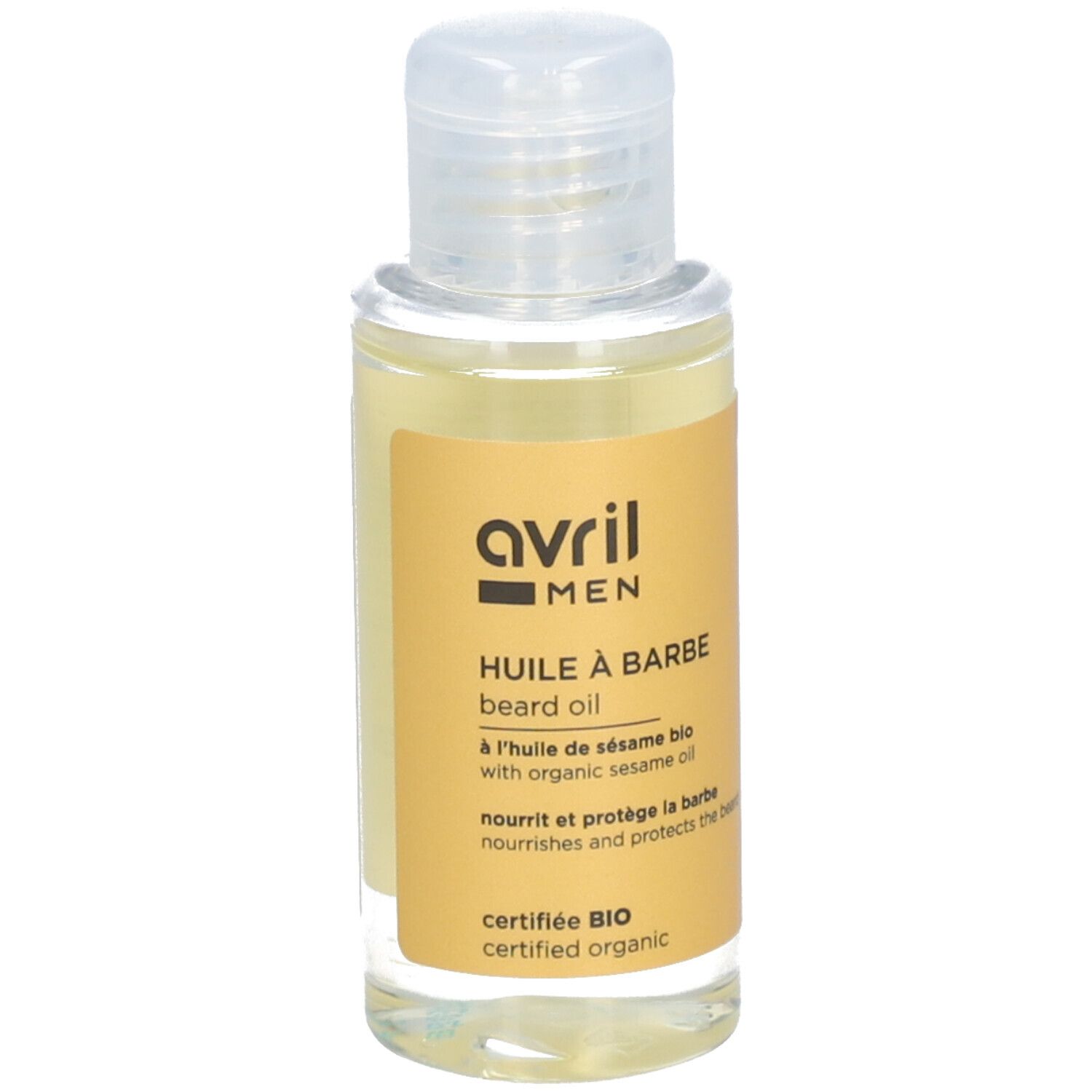 Klarflüssiges Öl in einer kleinen Flasche mit Klappverschluss. Aufkleber mit Text: avril MEN, Huile à barbe, certifiée BIO.
