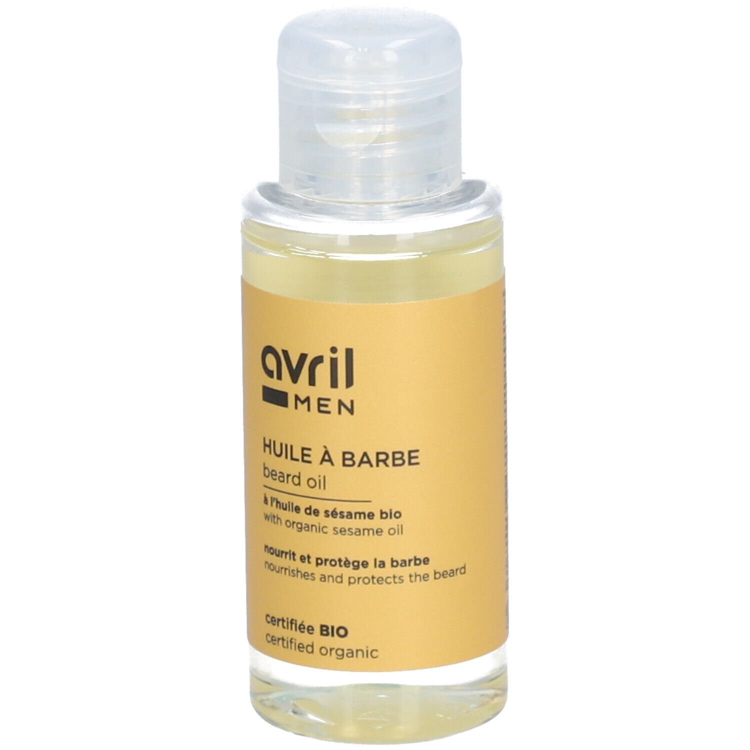 Klarflüssiges Öl in einer kleinen Flasche mit Klappverschluss. Aufkleber mit Text: avril MEN, Huile à barbe, certifiée BIO.