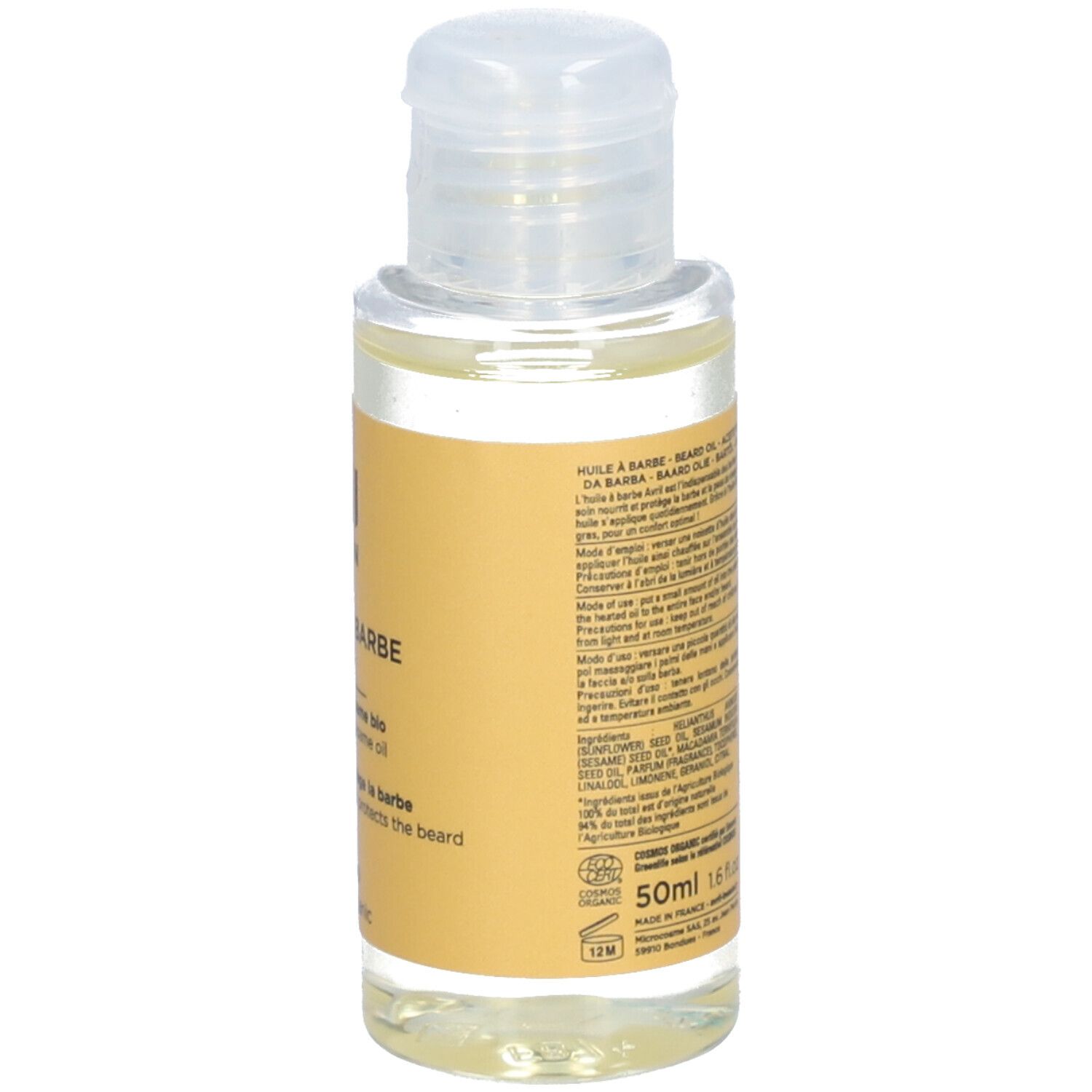Kleine Flasche mit Klappverschluss. Etikett mit Text und Piktogrammen. Enthält Öl. Etikett: avril MEN, Huile à barbe, 50ml.