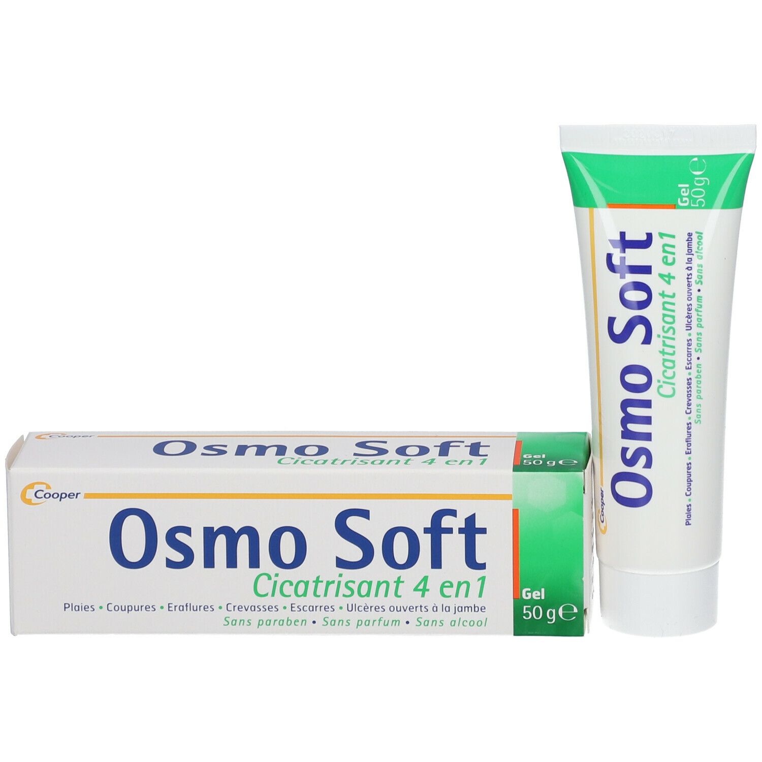Gel Osmo Soft 4 en 1 et emballage. Design blanc et vert. Texte: Cicatrisant. 50g. Sans parabène, parfum, alcool.