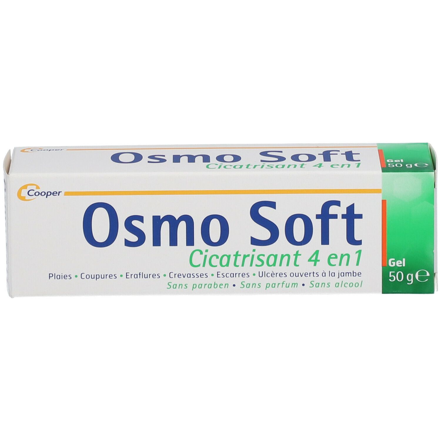 Emballage d'Osmo Soft 4 en 1. Design blanc et vert. Texte: Cicatrisant. 50g. Sans parabène, parfum, alcool.