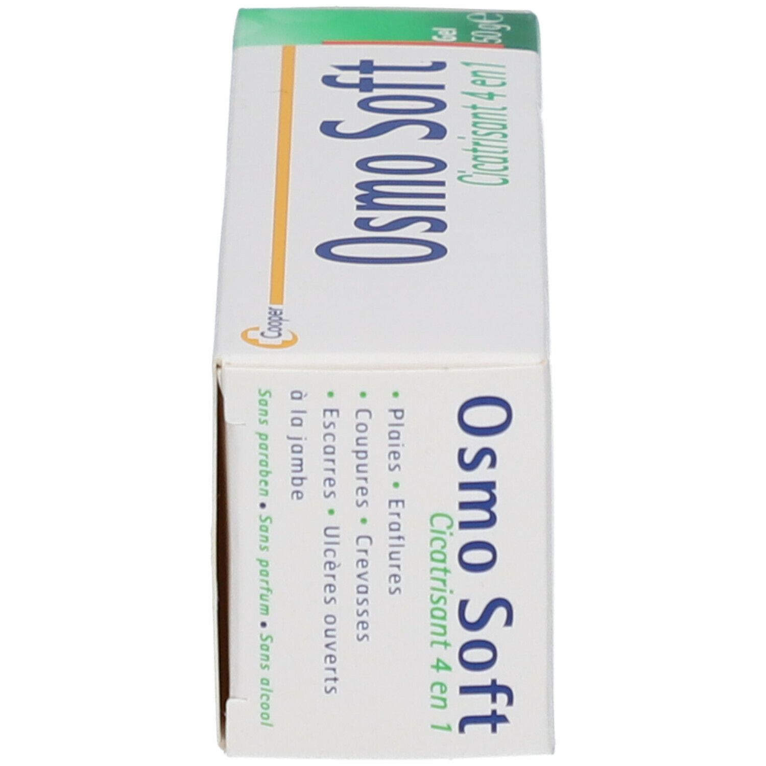 Vue latérale de l'emballage Osmo Soft 4 en 1. Design blanc et vert. Texte: Cicatrisant. Sans parabène, parfum, alcool.