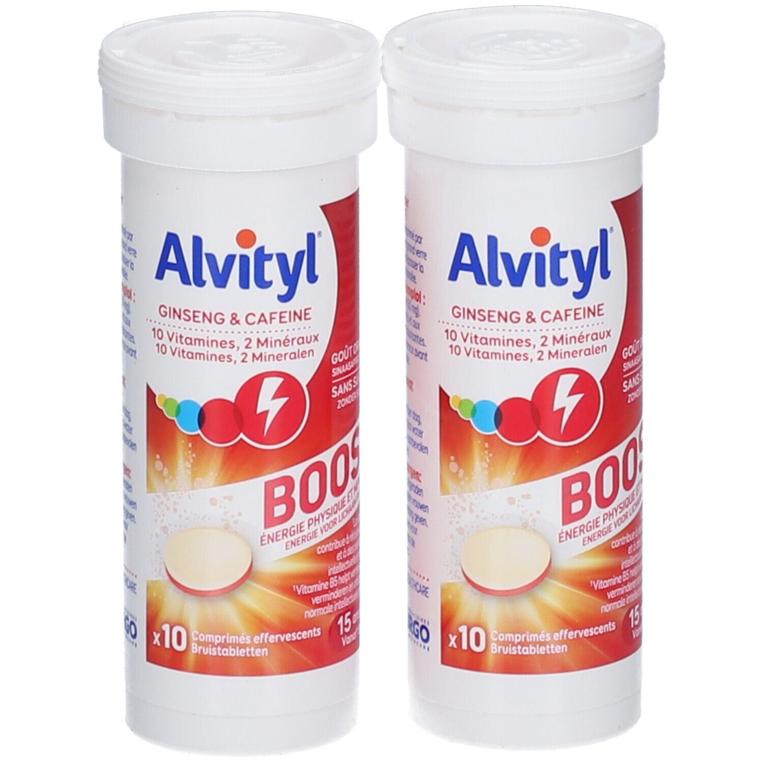 Deux tubes blancs Alvityl BOOST. Inscription: Ginseng & Caféine, 10 vitamines, 2 minéraux. 10 comprimés effervescents.