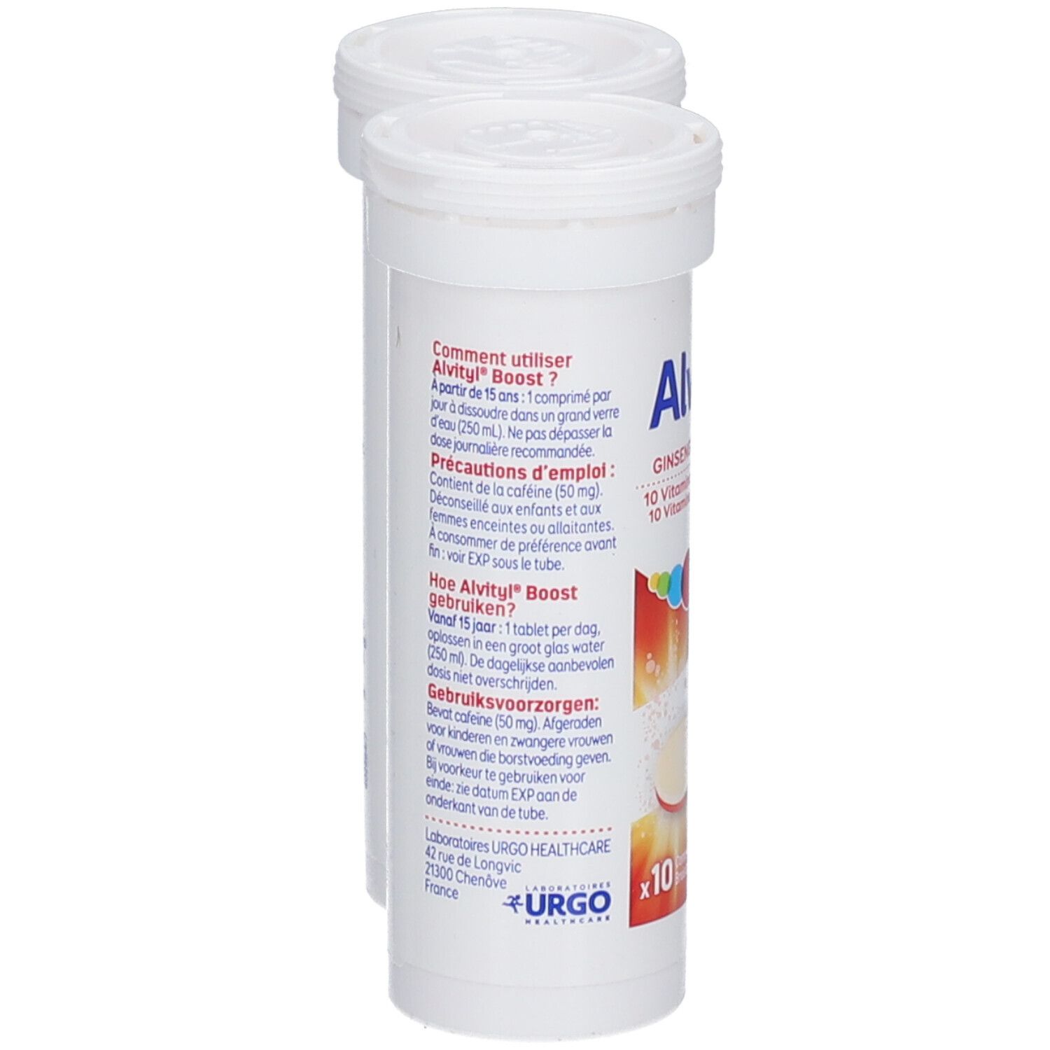 Deux tubes blancs Alvityl BOOST. Inscription: Ginseng & Caféine, 10 vitamines, 2 minéraux. Mode d'emploi.