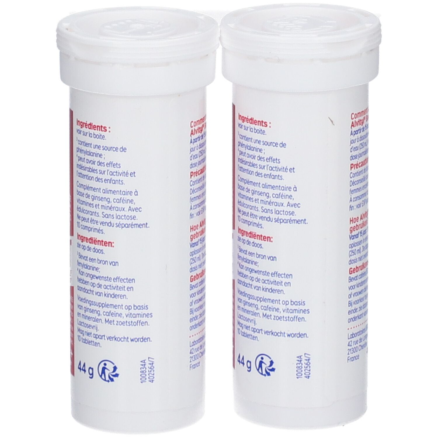 Deux tubes blancs Alvityl BOOST. Inscription: Ginseng & Caféine, 10 vitamines, 2 minéraux. Liste des ingrédients.