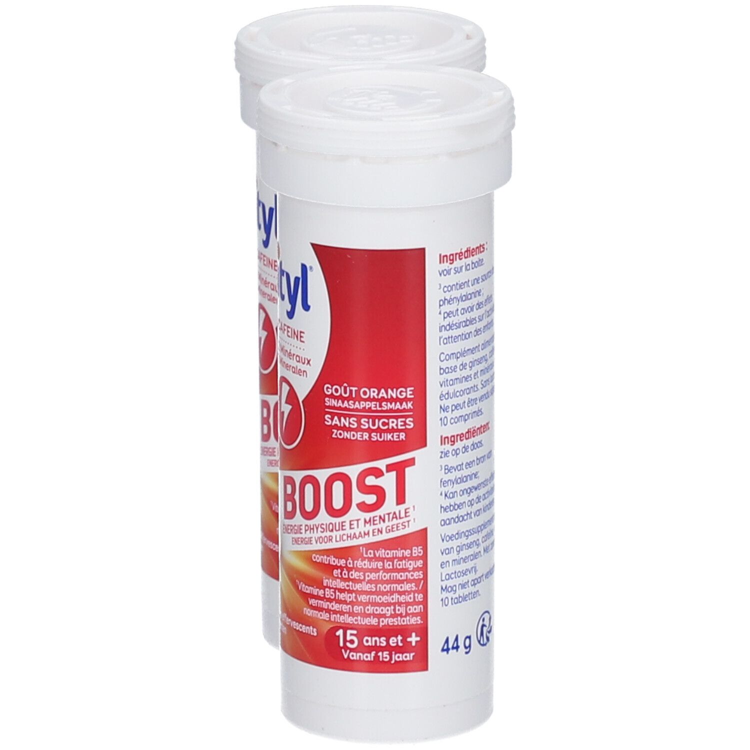Deux tubes blancs Alvityl BOOST. Inscription: Ginseng & Caféine, 10 vitamines, 2 minéraux. Goût orange.