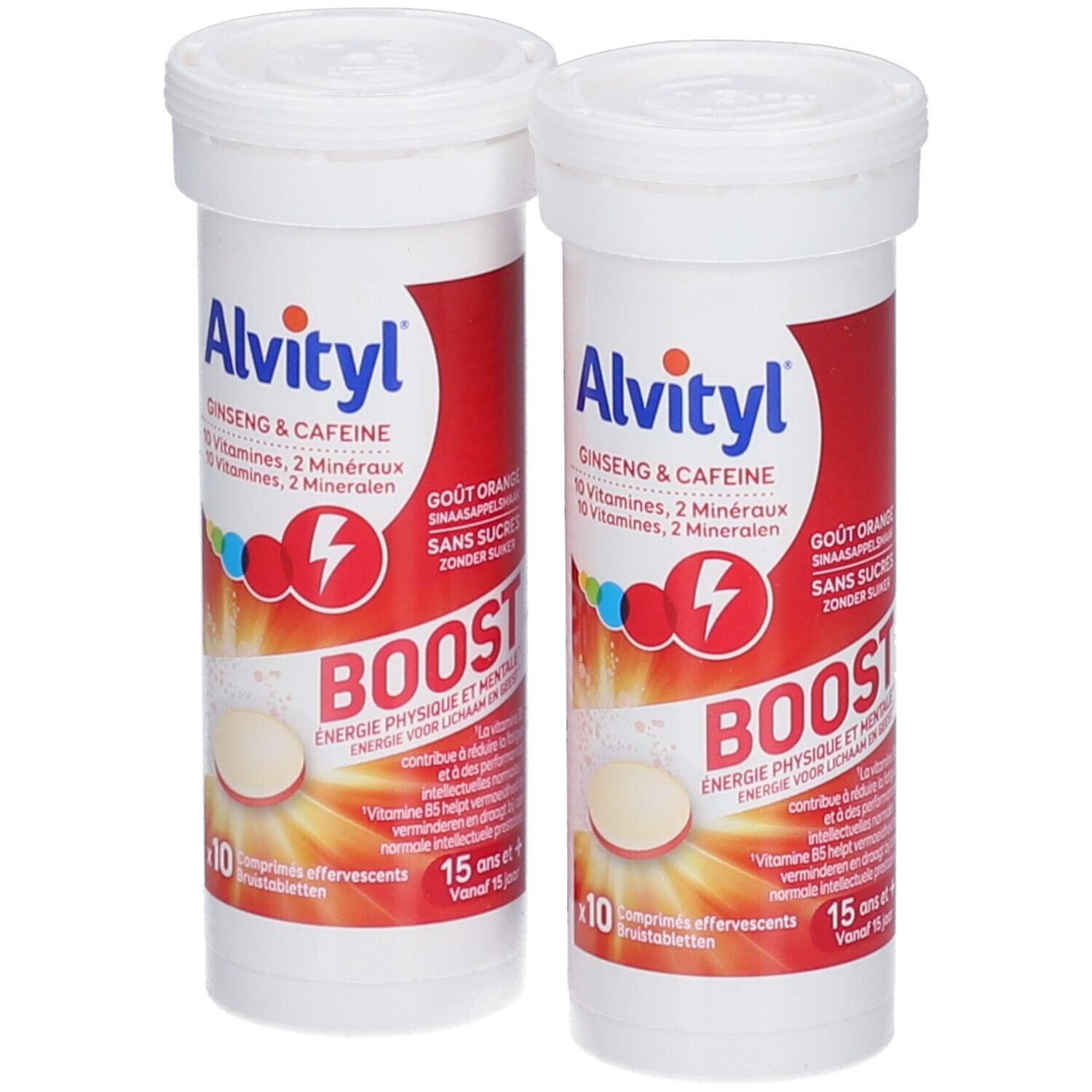 Deux tubes blancs Alvityl BOOST. Inscription: Ginseng & Caféine, 10 vitamines, 2 minéraux. 10 comprimés effervescents.