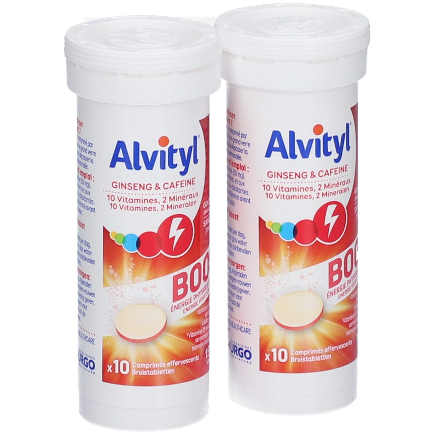 Deux tubes blancs Alvityl BOOST. Inscription: Ginseng & Caféine, 10 vitamines, 2 minéraux. 10 comprimés effervescents.