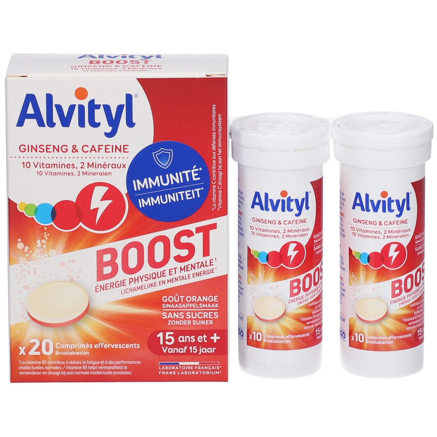 Boîte Alvityl BOOST avec 20 comprimés effervescents et deux tubes. Inscription: Ginseng & Caféine, 10 vitamines, 2 minéraux.