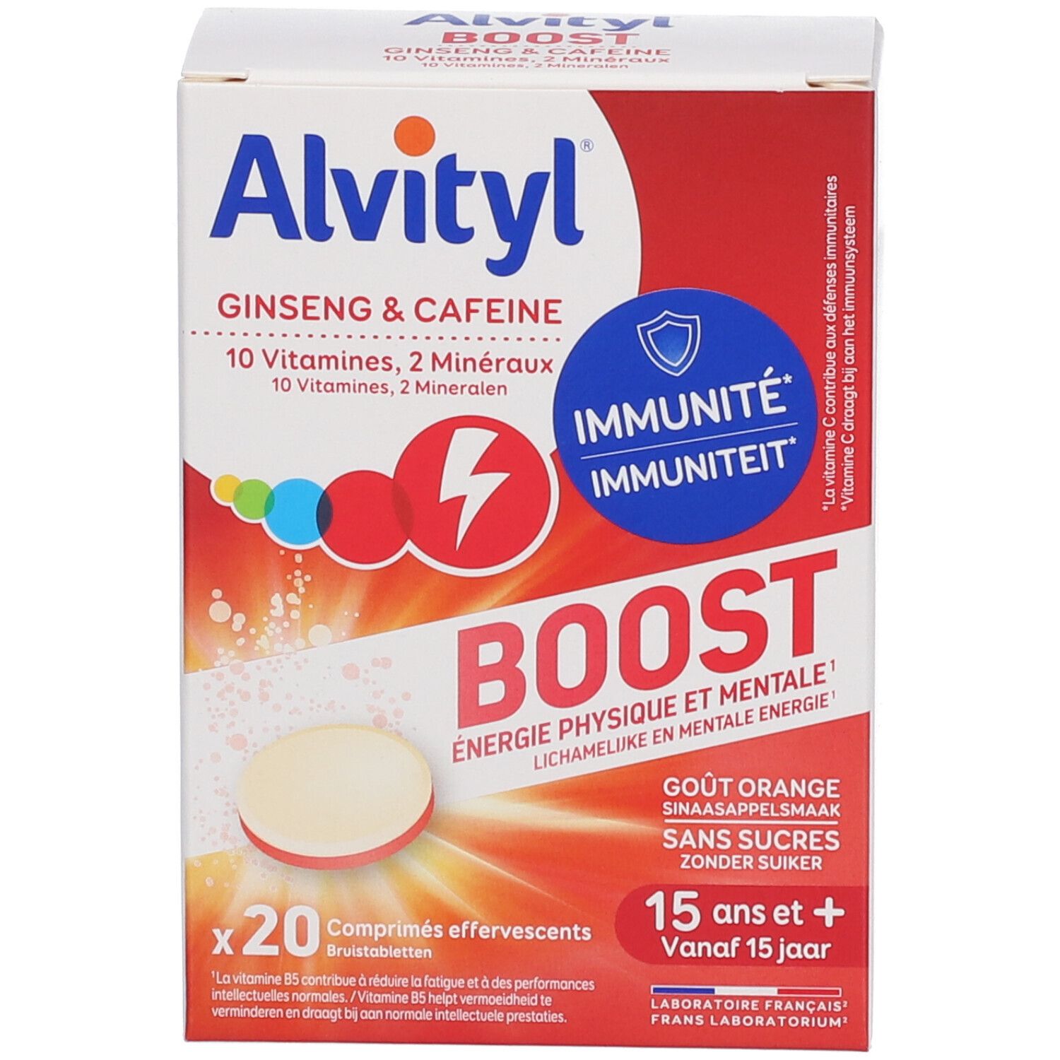 Boîte Alvityl BOOST avec 20 comprimés effervescents. Inscription: Ginseng & Caféine, 10 vitamines, 2 minéraux. Goût orange.