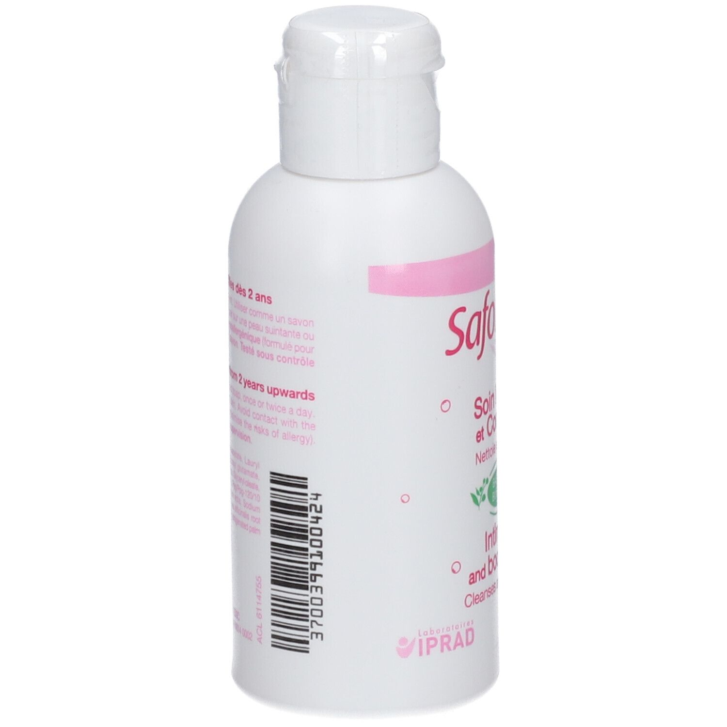 Rückseite der weißen Flasche. Aufgedruckte Informationen und Barcode. Rosa Schrift und Details.