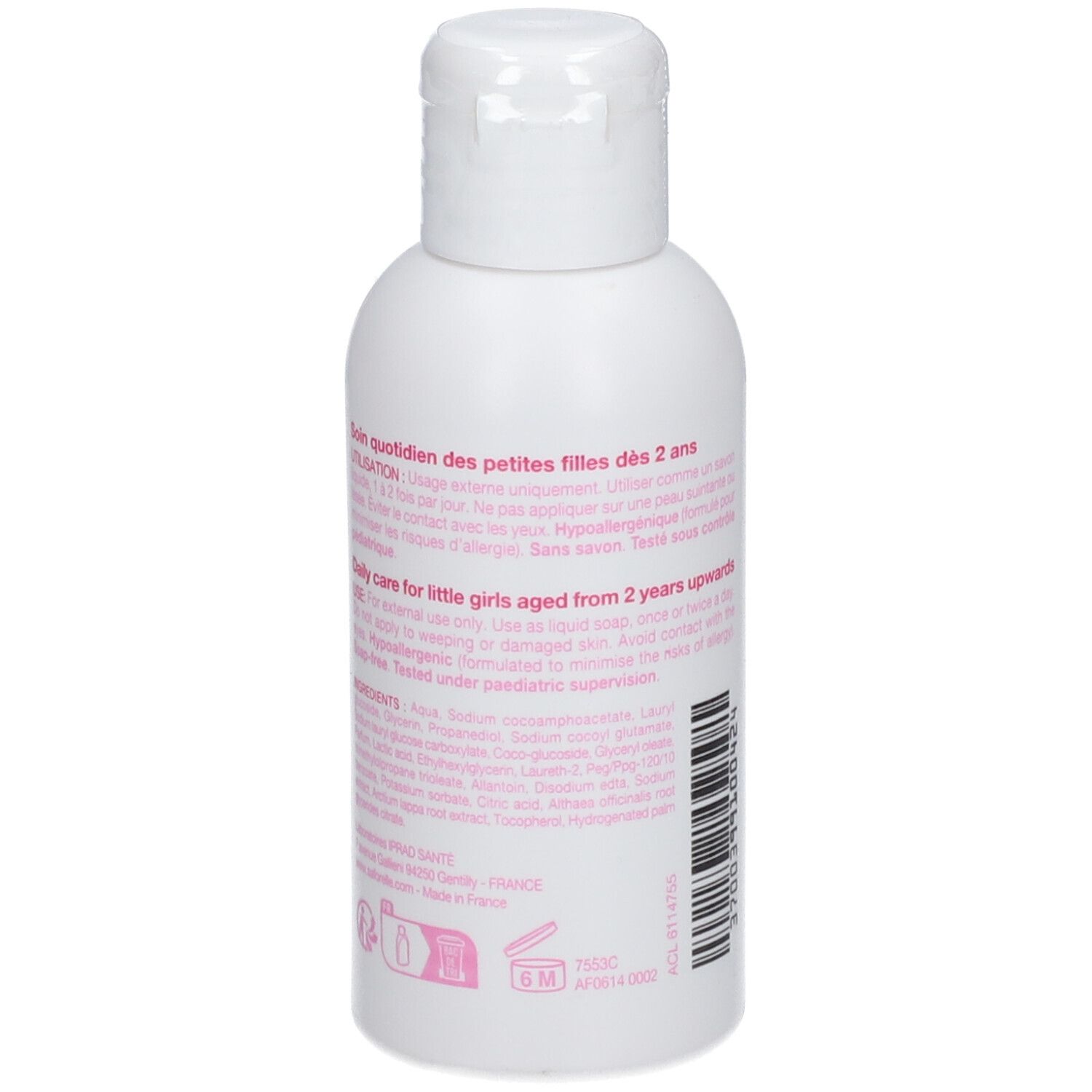 Rückseite der weißen Flasche. Text in Rosa. Informationen zur Anwendung und Inhaltsstoffe.