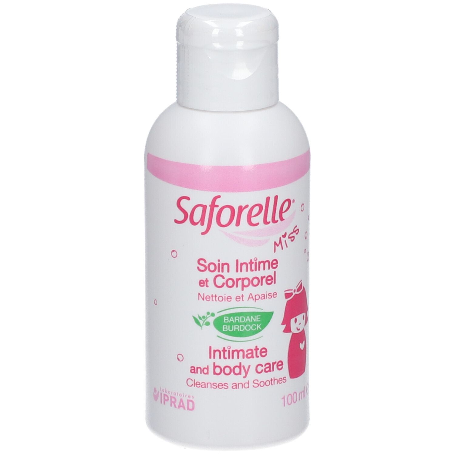 Weiße Flasche mit rosa Akzenten. Aufschrift: Saforelle Miss, Intim- und Körperpflege. Mit Illustration eines Mädchens.