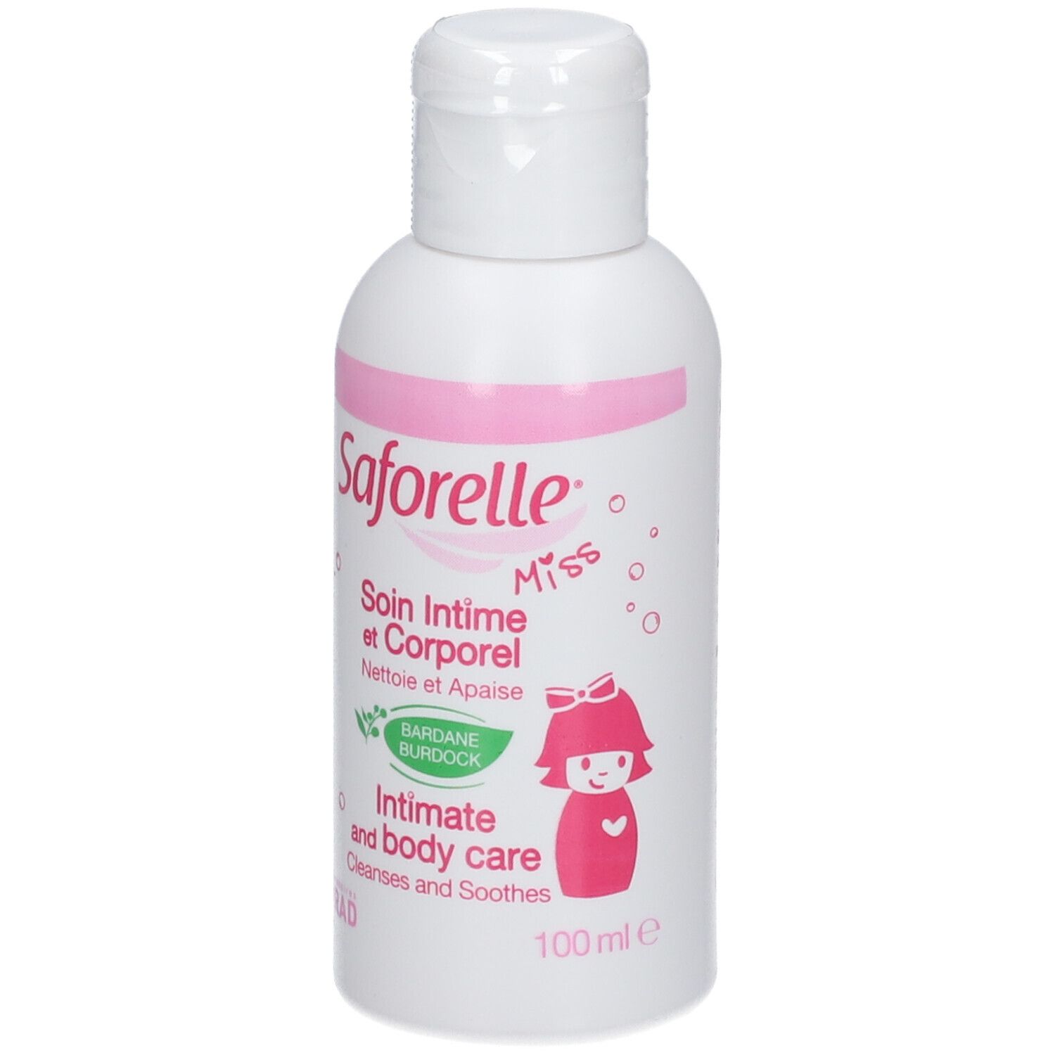 Weiße Flasche mit rosa Akzenten. Aufschrift: Saforelle Miss, Intim- und Körperpflege. Mit Illustration eines Mädchens.