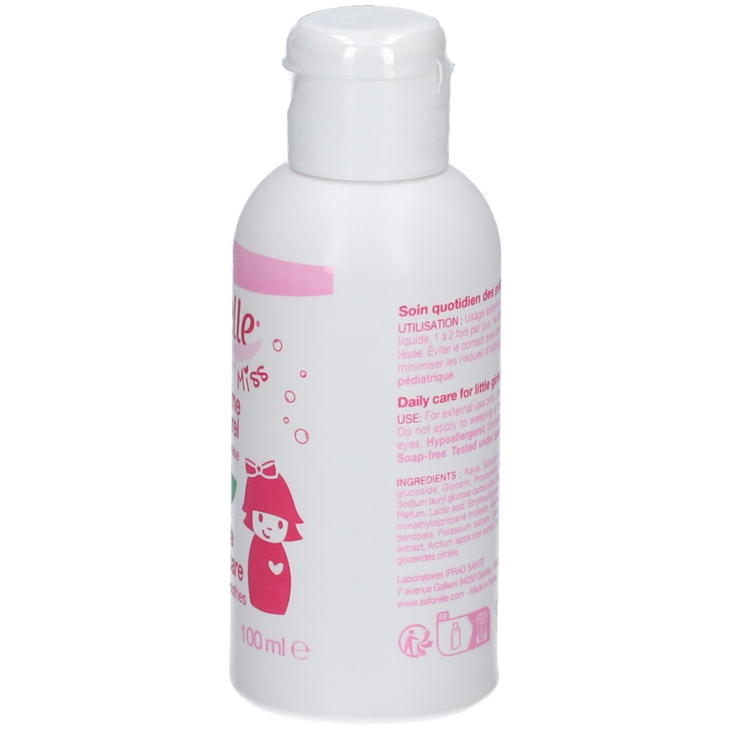 Weiße Flasche mit rosa Akzenten. Aufschrift: Saforelle Miss, Intim- und Körperpflege. Mit Illustration eines Mädchens.
