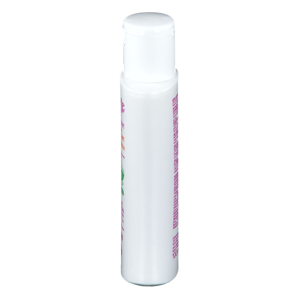 Flacon blanc avec bouchon rabattable. Vue latérale avec texte. Nom du produit illisible.