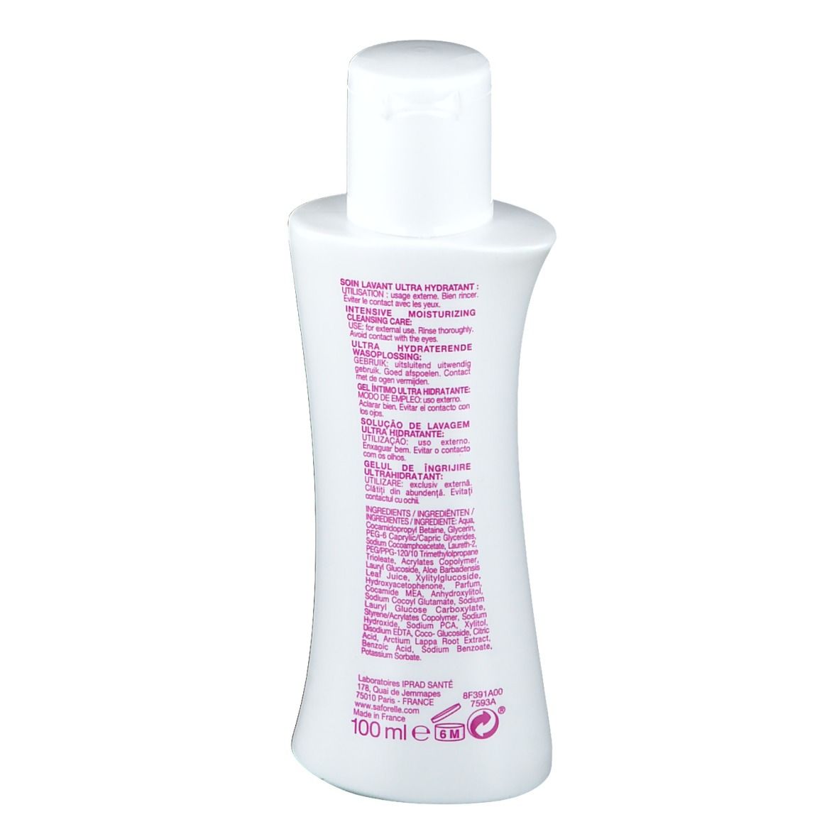 Flacon blanc avec bouchon rabattable. Vue arrière avec texte. Nom du produit illisible.