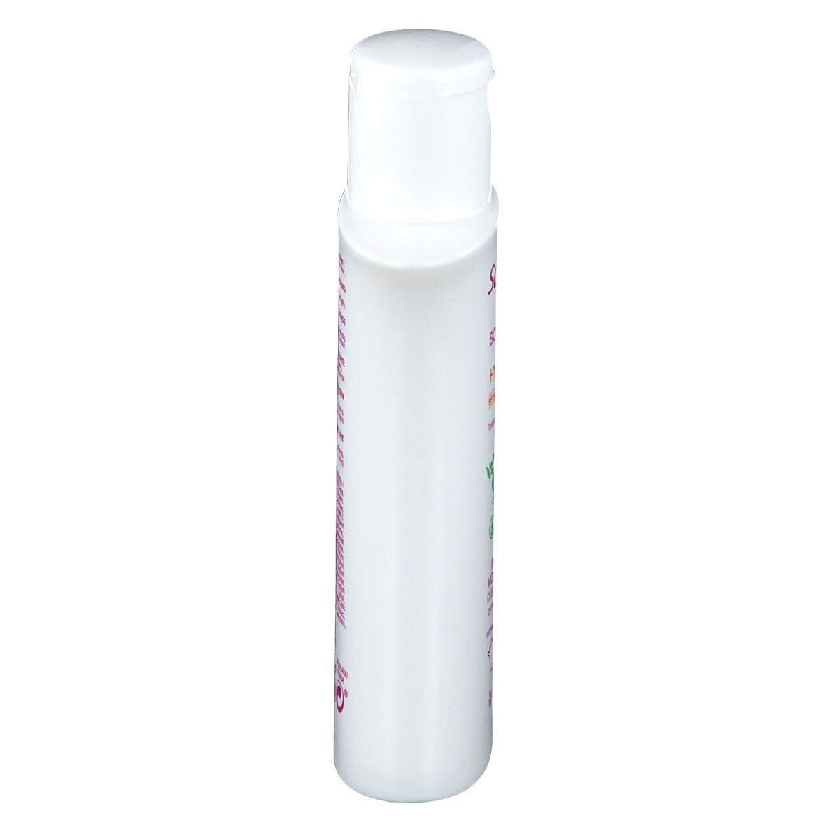 Flacon blanc avec bouchon rabattable. Vue latérale avec texte. Nom du produit illisible.