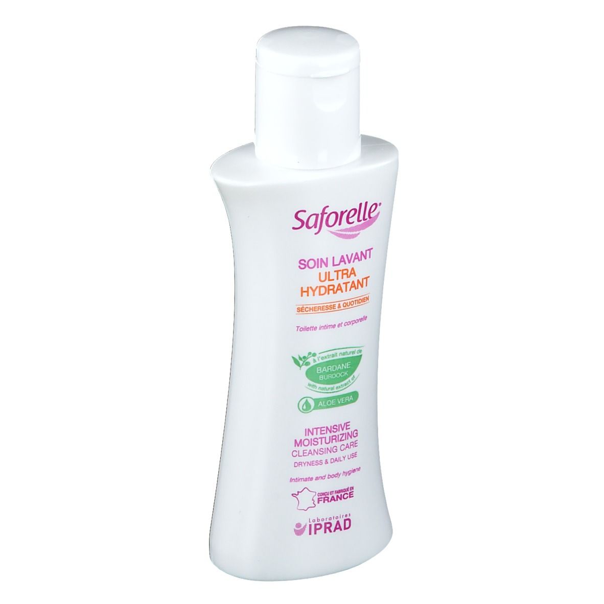 Flacon blanc avec bouchon rabattable. Inscription: Saforelle, Soin Lavant Ultra Hydratant. Avec logo et texte.