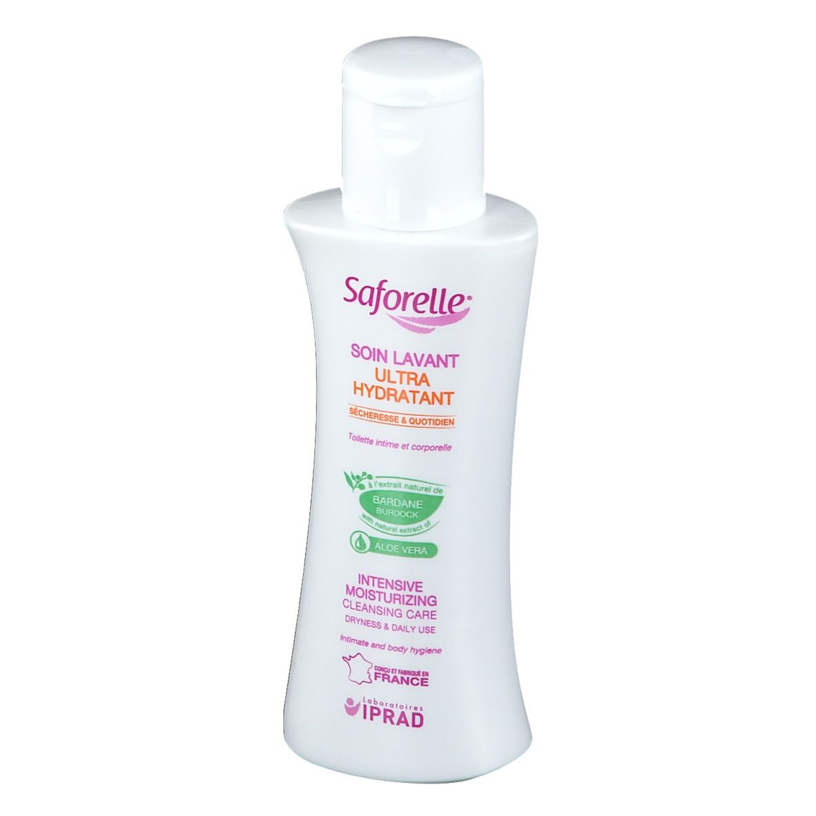 Flacon blanc avec bouchon rabattable. Inscription: Saforelle, Soin Lavant Ultra Hydratant. Avec logo et texte.