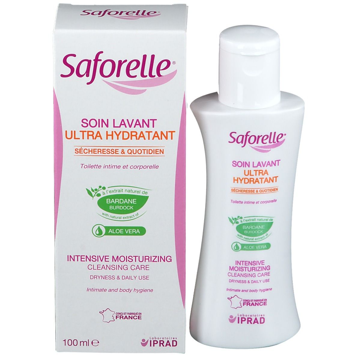 Flacon blanc et carton. Inscription: Saforelle, Soin Lavant Ultra Hydratant. Avec logo et texte. 100 ml.