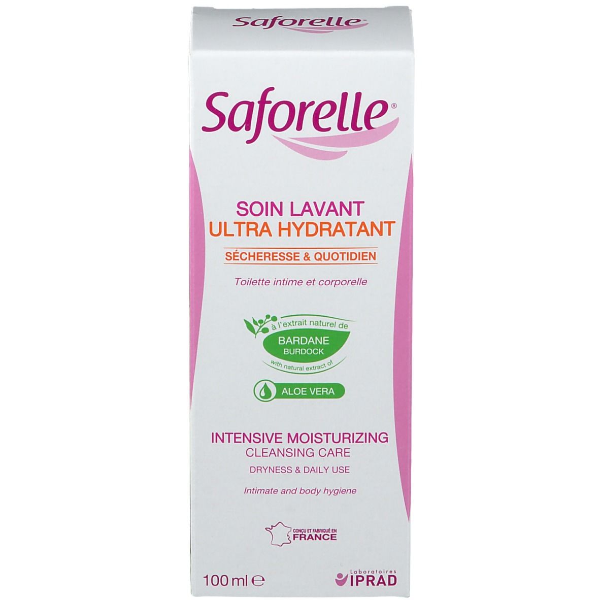 Carton avec inscription: Saforelle, Soin Lavant Ultra Hydratant. Avec logo et texte. 100 ml.