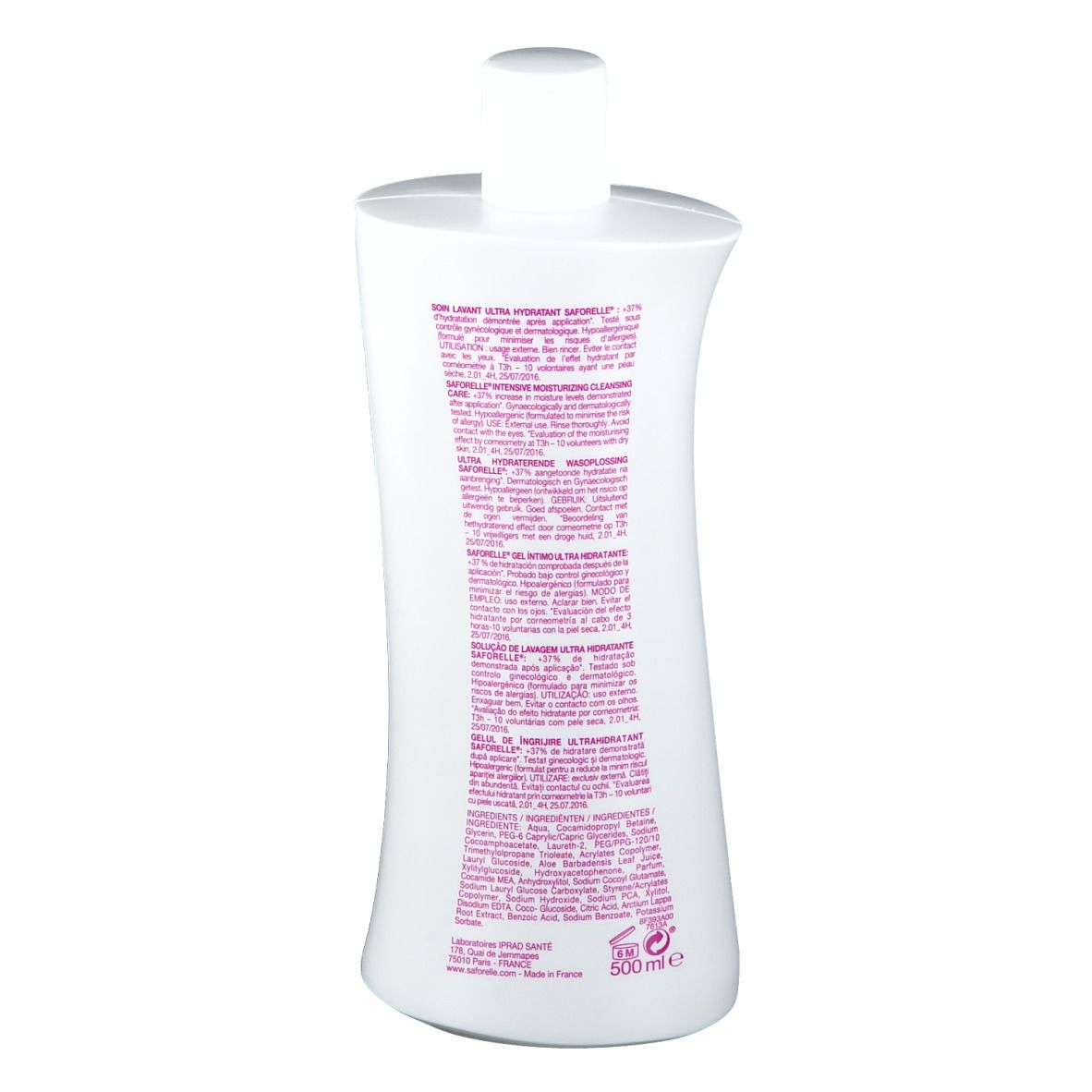 Rückseite einer weißen Saforelle-Flasche. Text in mehreren Sprachen. Aufschrift: 500ml.